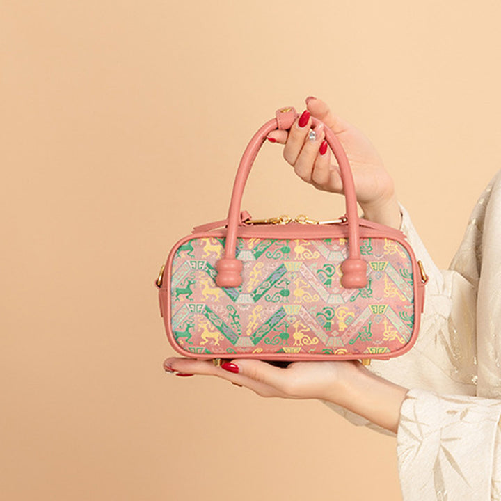 Silk Barrel Bag Cowhide Leather &amp; Shu Brocade Pink &amp; Gray Pu Tian Tong Qing