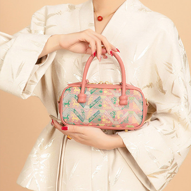 Silk Barrel Bag Cowhide Leather &amp; Shu Brocade Pink &amp; Gray Pu Tian Tong Qing
