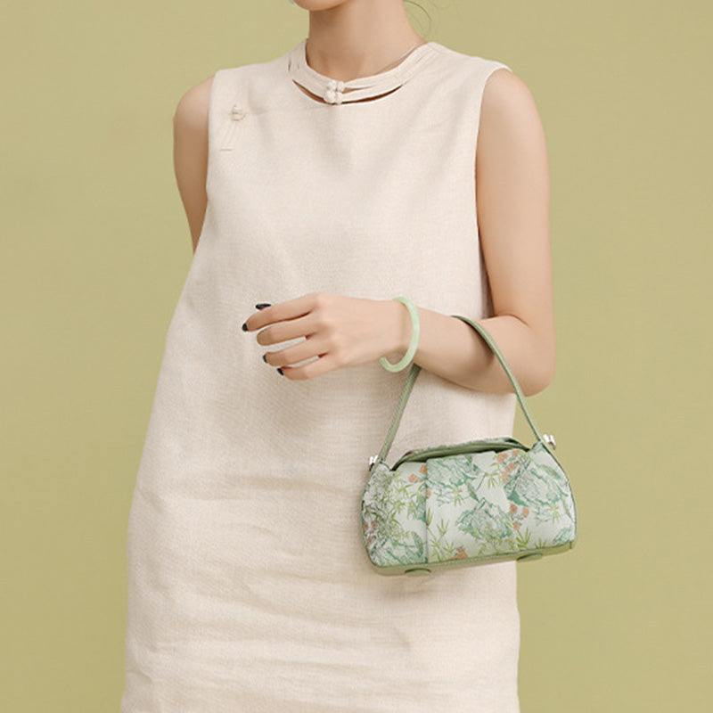 Underarm Top Handle Bag Pink Green &amp; Black Shu Brocade Song Brocade Xiangyunsha