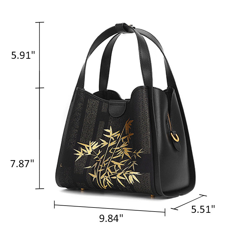 Gold Bamboo Handbag Black Leather &amp; Song Brocade Silk Chinese Pattern
