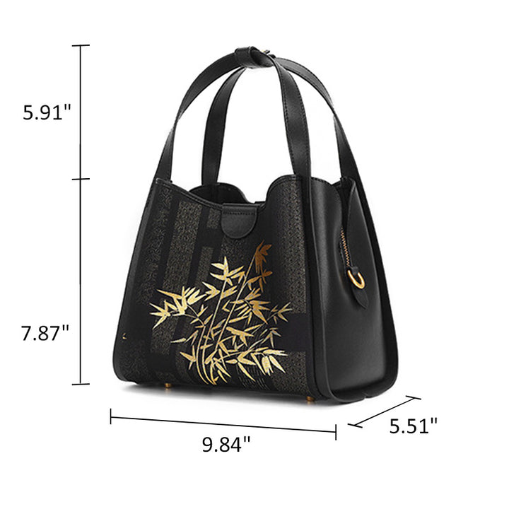 Gold Bamboo Handbag Black Leather &amp; Song Brocade Silk Chinese Pattern