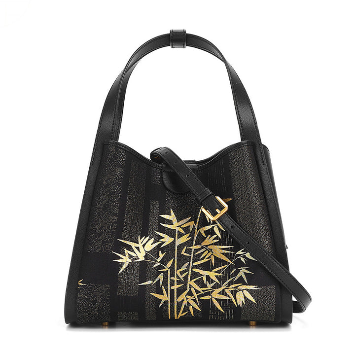 Gold Bamboo Handbag Black Leather &amp; Song Brocade Silk Chinese Pattern