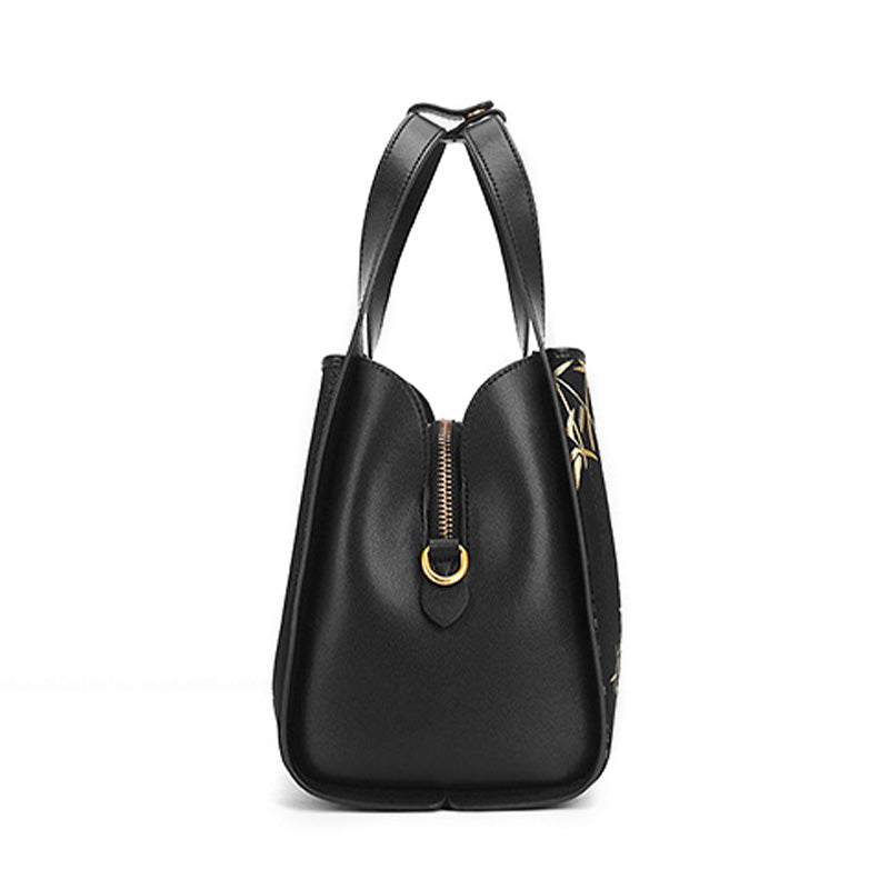 Gold Bamboo Handbag Black Leather &amp; Song Brocade Silk Chinese Pattern
