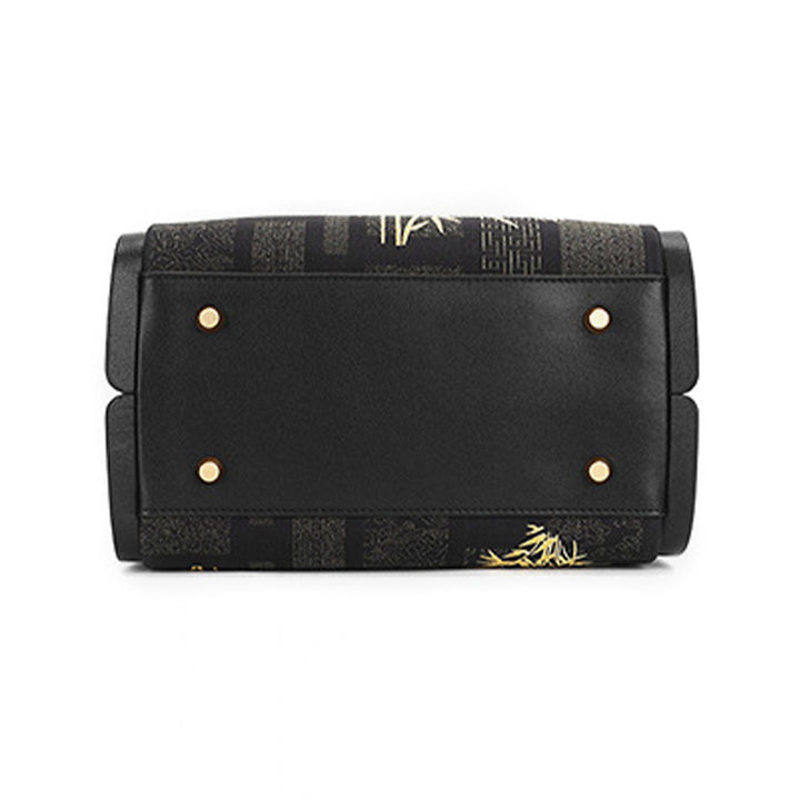 Gold Bamboo Handbag Black Leather &amp; Song Brocade Silk Chinese Pattern
