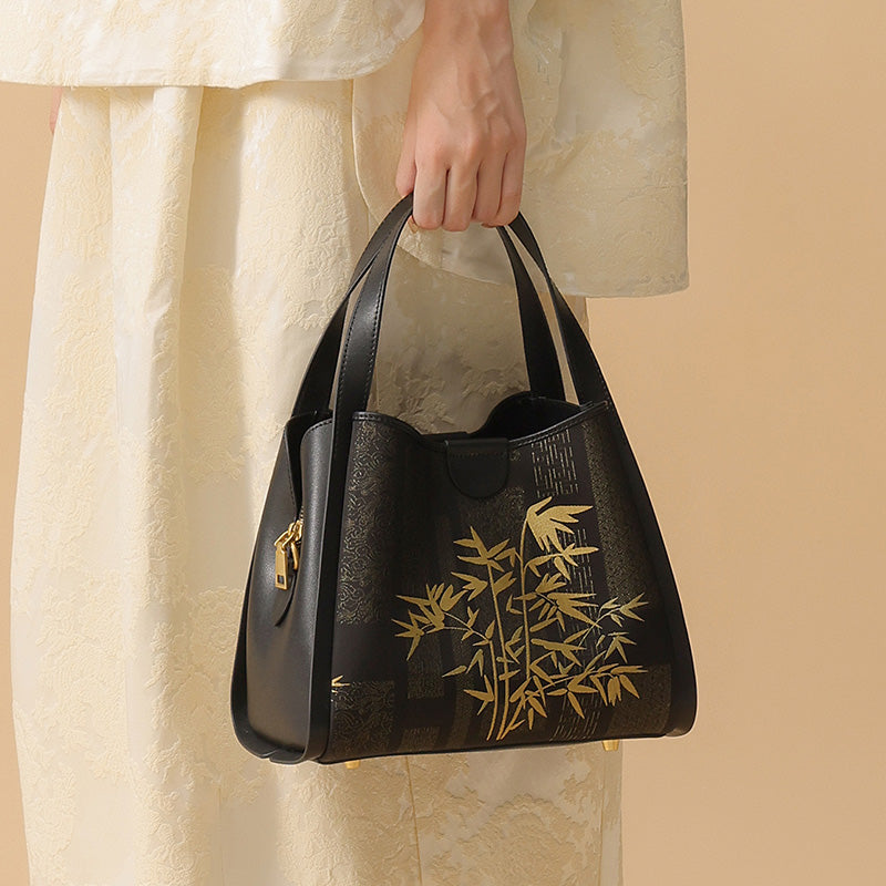 Gold Bamboo Handbag Black Leather &amp; Song Brocade Silk Chinese Pattern