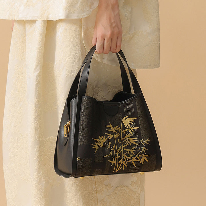 Gold Bamboo Handbag Black Leather &amp; Song Brocade Silk Chinese Pattern