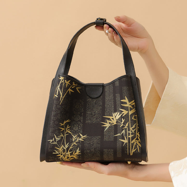 Gold Bamboo Handbag Black Leather &amp; Song Brocade Silk Chinese Pattern