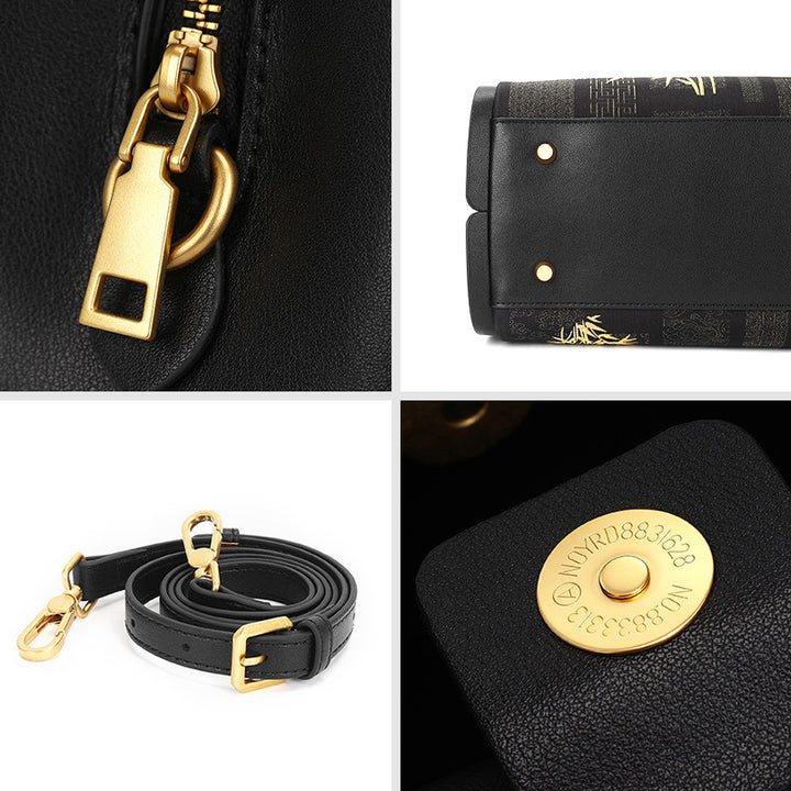Gold Bamboo Handbag Black Leather &amp; Song Brocade Silk Chinese Pattern