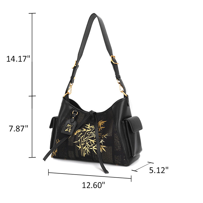 Gold Bamboo Shoulder Bag Black Leather &amp; Song Brocade Side Pockets Travel Bag