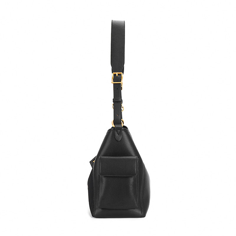 Gold Bamboo Shoulder Bag Black Leather &amp; Song Brocade Side Pockets Travel Bag