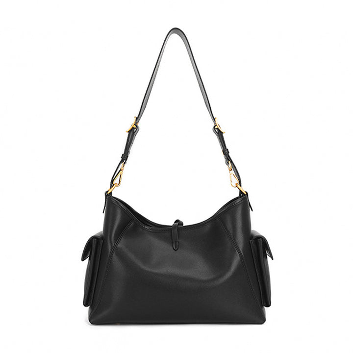 Gold Bamboo Shoulder Bag Black Leather &amp; Song Brocade Side Pockets Travel Bag