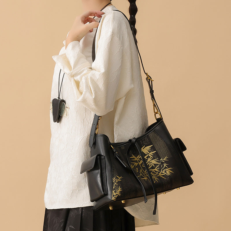 Gold Bamboo Shoulder Bag Black Leather &amp; Song Brocade Side Pockets Travel Bag