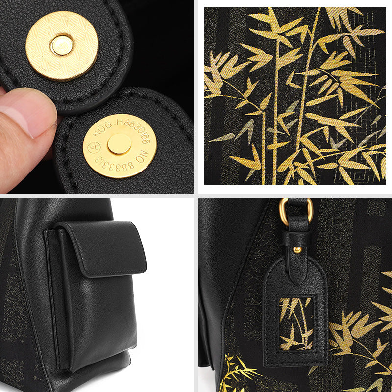 Gold Bamboo Shoulder Bag Black Leather &amp; Song Brocade Side Pockets Travel Bag