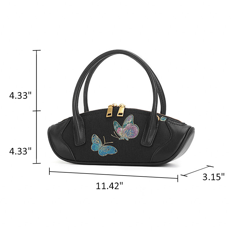 Butterfly Mini Top Handle Bag Black Leather &amp; Song Brocade Shell Inlay Detail