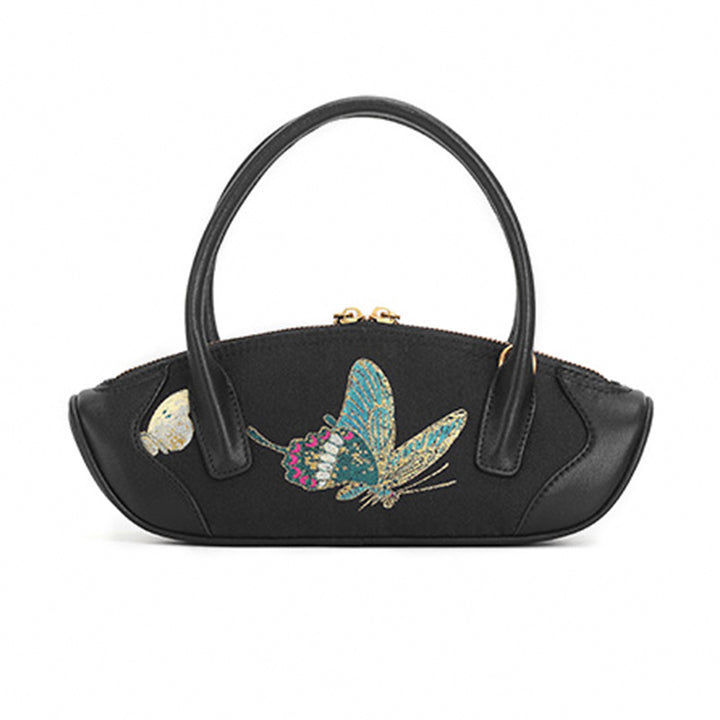 Butterfly Mini Top Handle Bag Black Leather &amp; Song Brocade Shell Inlay Detail