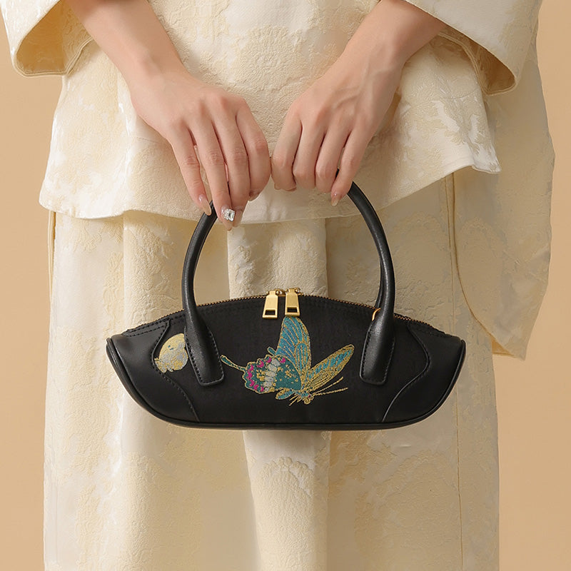 Butterfly Mini Top Handle Bag Black Leather &amp; Song Brocade Shell Inlay Detail