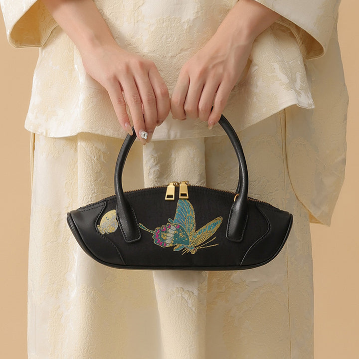 Butterfly Mini Top Handle Bag Black Leather &amp; Song Brocade Shell Inlay Detail