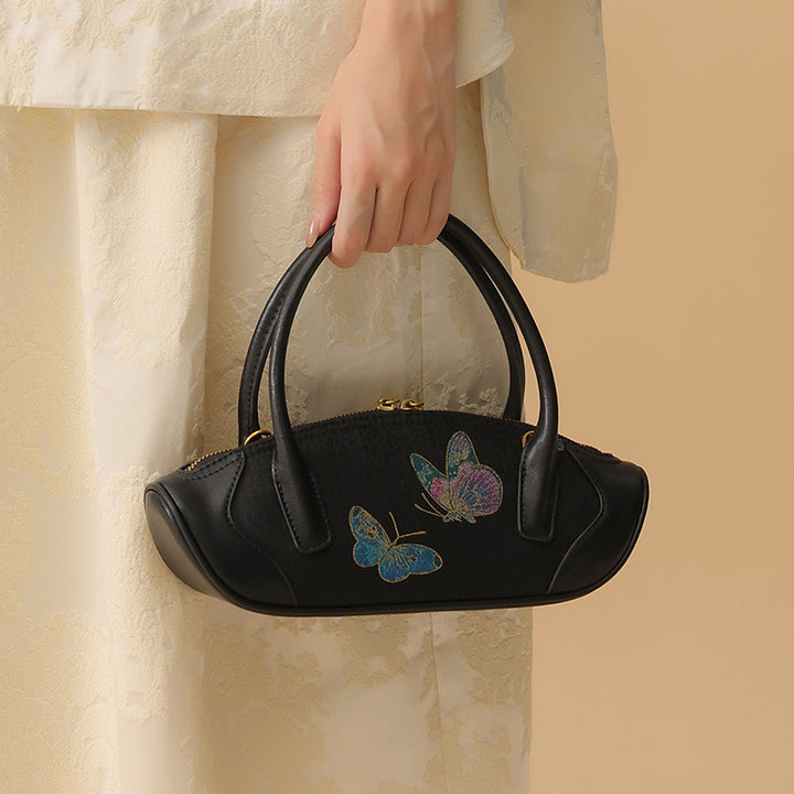 Butterfly Mini Top Handle Bag Black Leather &amp; Song Brocade Shell Inlay Detail