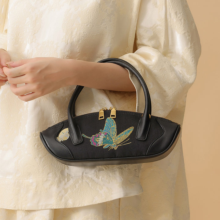 Butterfly Mini Top Handle Bag Black Leather &amp; Song Brocade Shell Inlay Detail