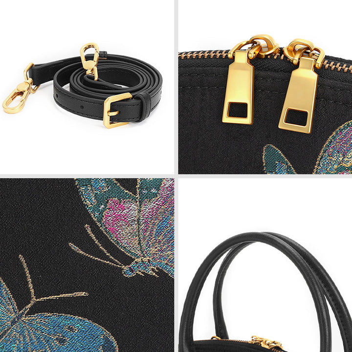 Butterfly Mini Top Handle Bag Black Leather &amp; Song Brocade Shell Inlay Detail