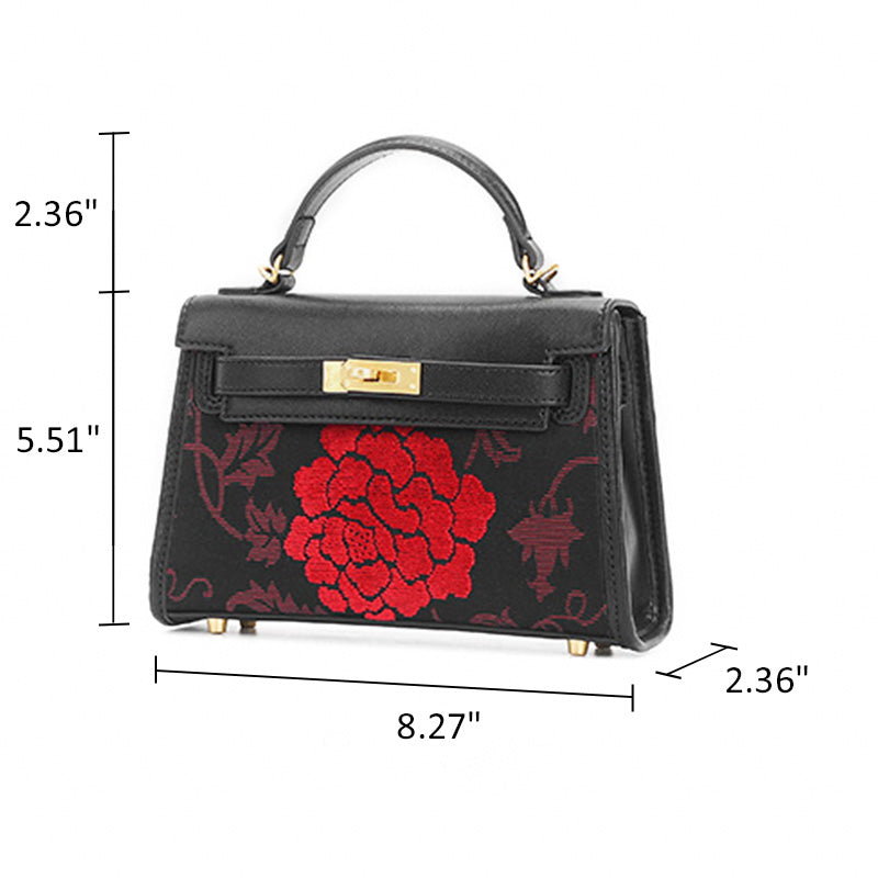 Red Peony Crossbody Bag Black Leather &amp; Zhang Velvet Chinese Floral Handbag