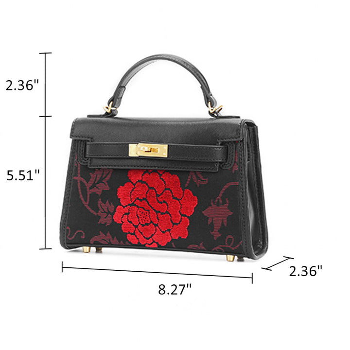 Red Peony Crossbody Bag Black Leather &amp; Zhang Velvet Chinese Floral Handbag