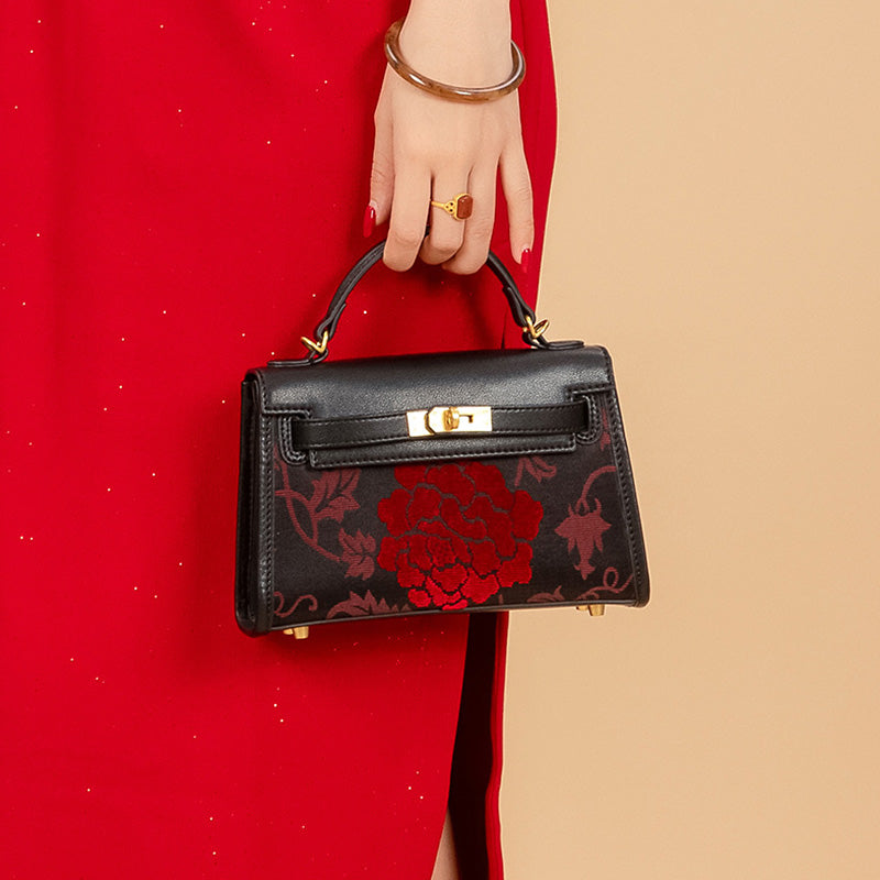 Red Peony Crossbody Bag Black Leather &amp; Zhang Velvet Chinese Floral Handbag