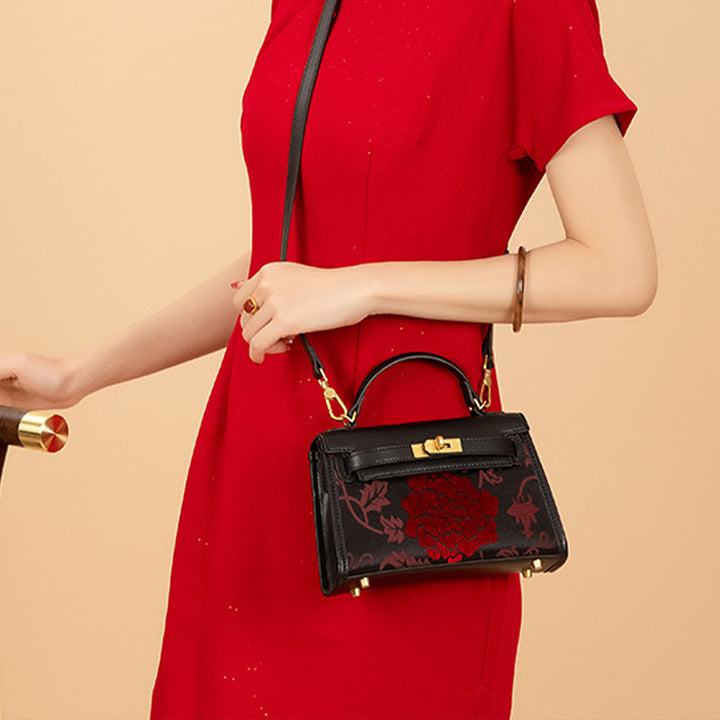 Red Peony Crossbody Bag Black Leather &amp; Zhang Velvet Chinese Floral Handbag