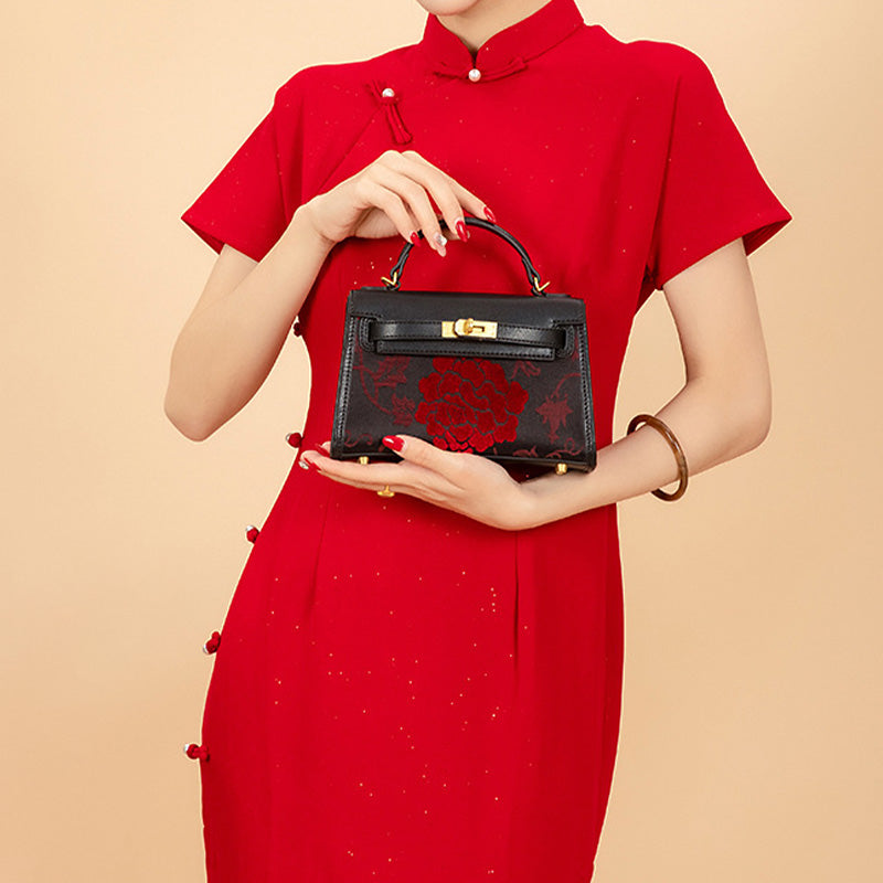 Red Peony Crossbody Bag Black Leather &amp; Zhang Velvet Chinese Floral Handbag