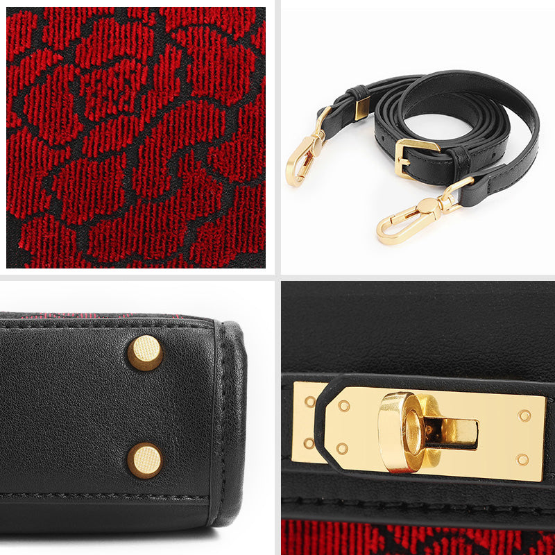 Red Peony Crossbody Bag Black Leather &amp; Zhang Velvet Chinese Floral Handbag