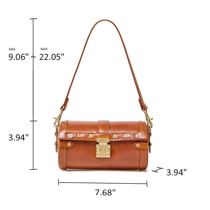 Vegetable Tanned Leather Barrel Bag Brown &amp; Green Dual Strap Crossbody