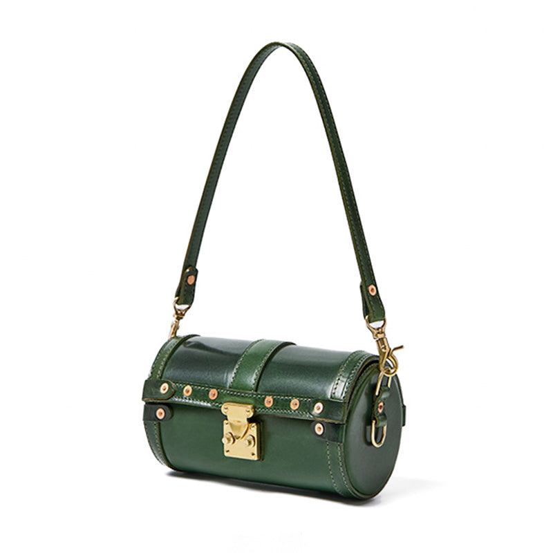 Vegetable Tanned Leather Barrel Bag Brown &amp; Green Dual Strap Crossbody