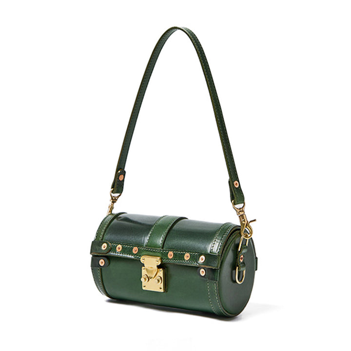 Vegetable Tanned Leather Barrel Bag Brown &amp; Green Dual Strap Crossbody