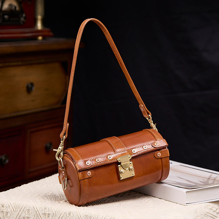 Vegetable Tanned Leather Barrel Bag Brown &amp; Green Dual Strap Crossbody