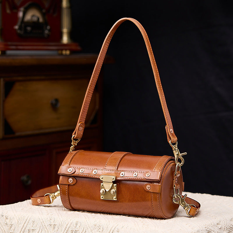 Vegetable Tanned Leather Barrel Bag Brown &amp; Green Dual Strap Crossbody
