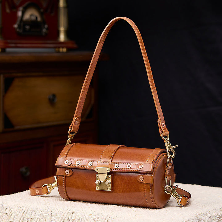 Vegetable Tanned Leather Barrel Bag Brown &amp; Green Dual Strap Crossbody