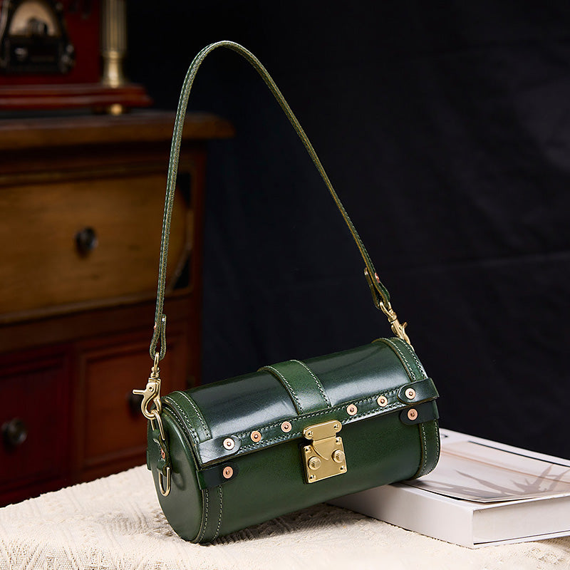 Vegetable Tanned Leather Barrel Bag Brown &amp; Green Dual Strap Crossbody