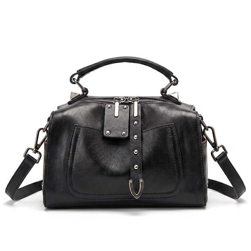 Studded Boston Bag Vegetable Tanned Leather Brown, Black &amp; Green
