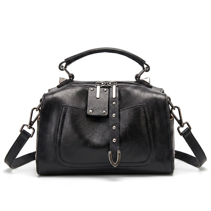 Studded Boston Bag Vegetable Tanned Leather Brown, Black &amp; Green