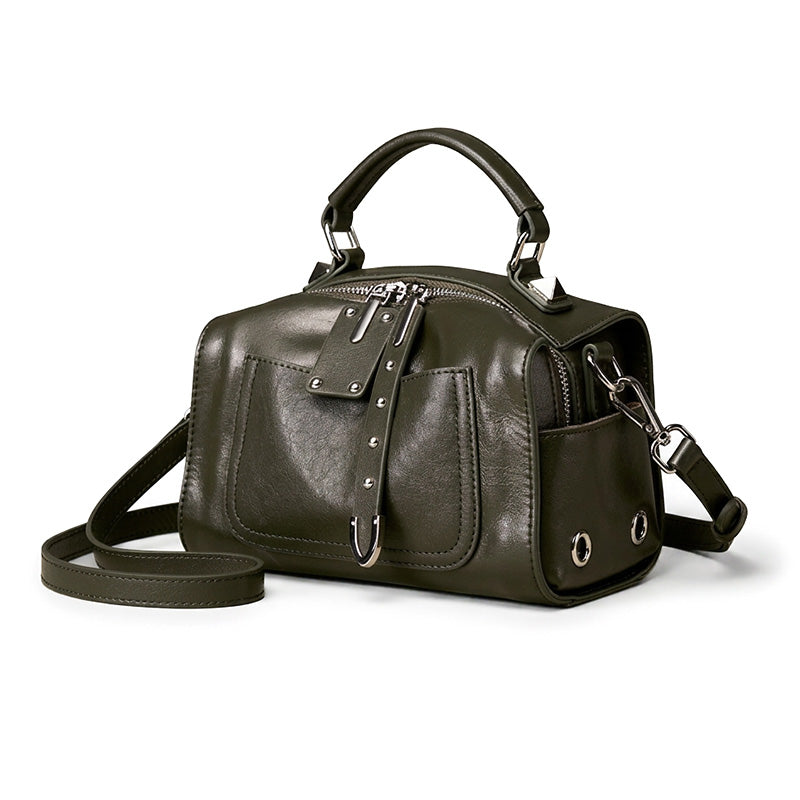 Studded Boston Bag Vegetable Tanned Leather Brown, Black &amp; Green