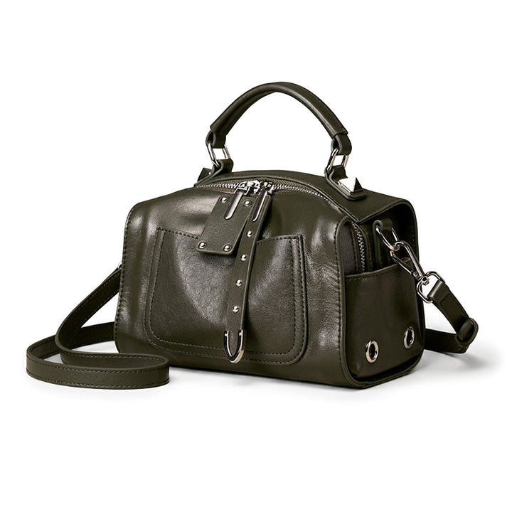 Studded Boston Bag Vegetable Tanned Leather Brown, Black &amp; Green