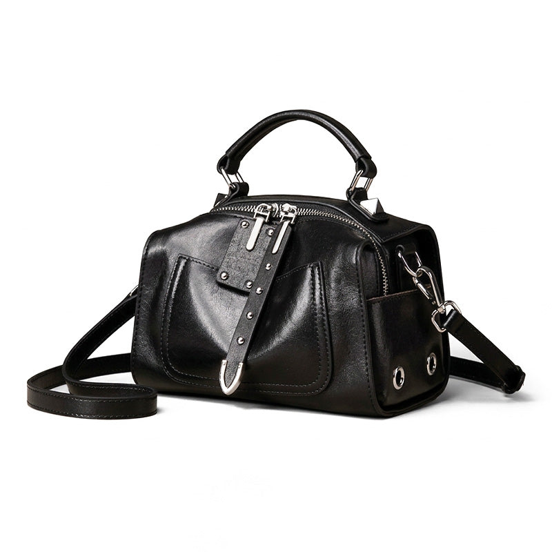 Studded Boston Bag Vegetable Tanned Leather Brown, Black &amp; Green