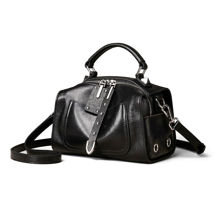 Studded Boston Bag Vegetable Tanned Leather Brown, Black &amp; Green
