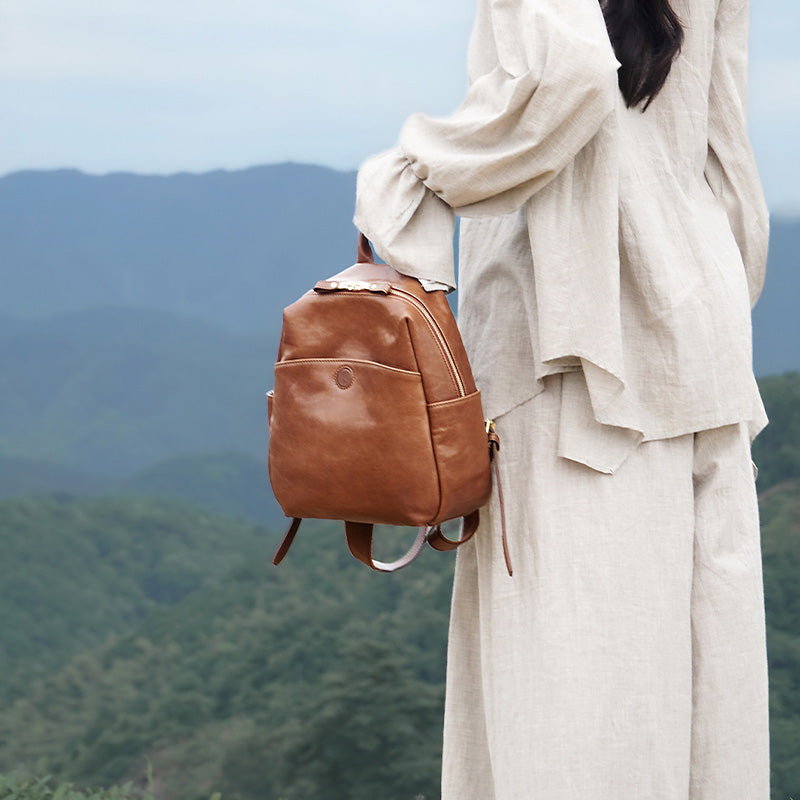 Full Grain Leather Backpack Vegetable Tanned Cowhide Travel Bag for Women