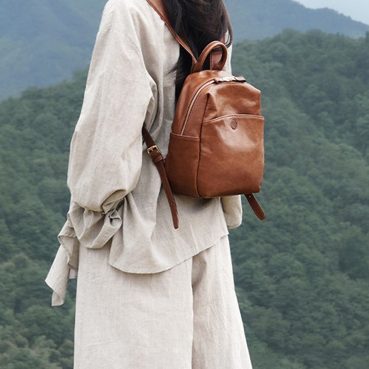 Full Grain Leather Backpack Vegetable Tanned Cowhide Travel Bag for Women