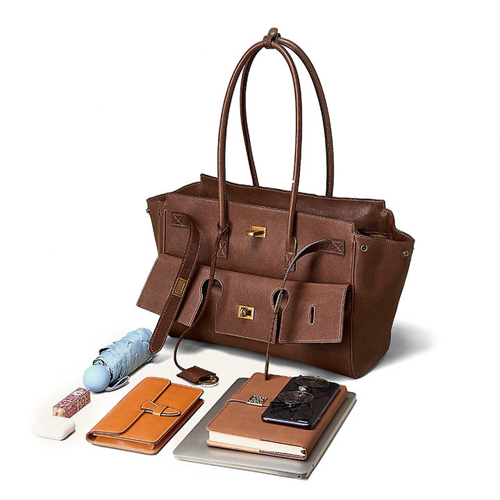Leather Laptop Tote Bag Top Grain Cowhide British Heritage Style Coffee &amp; Black