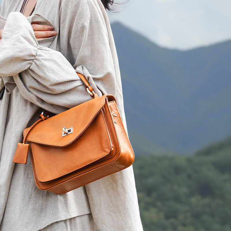 Vintage Leather Satchel Bag Vegetable Tanned &amp; Gold-Plated Hardware 3 Colors