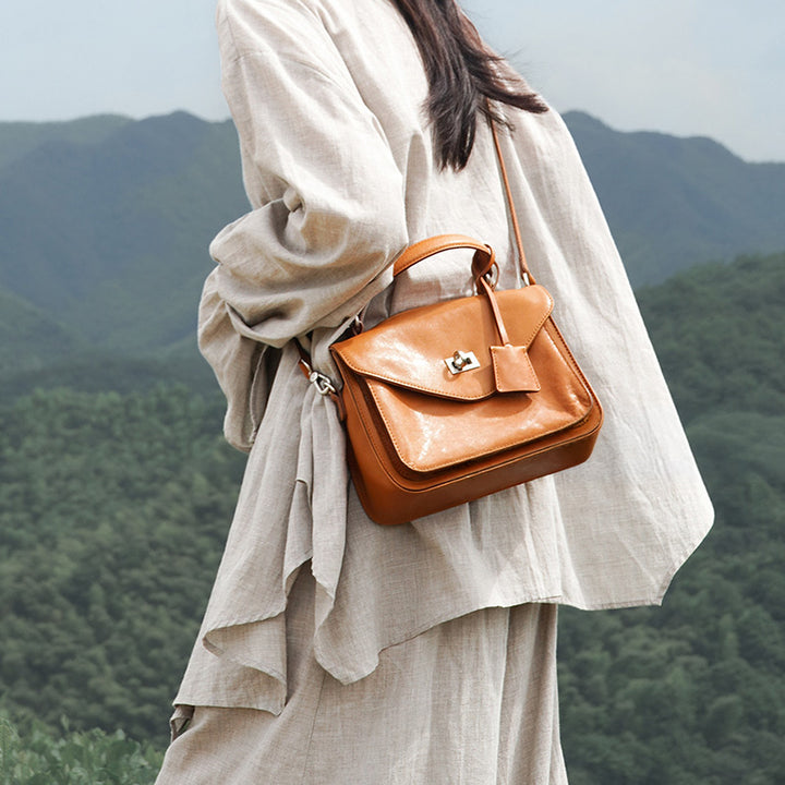 Vintage Leather Satchel Bag Vegetable Tanned &amp; Gold-Plated Hardware 3 Colors