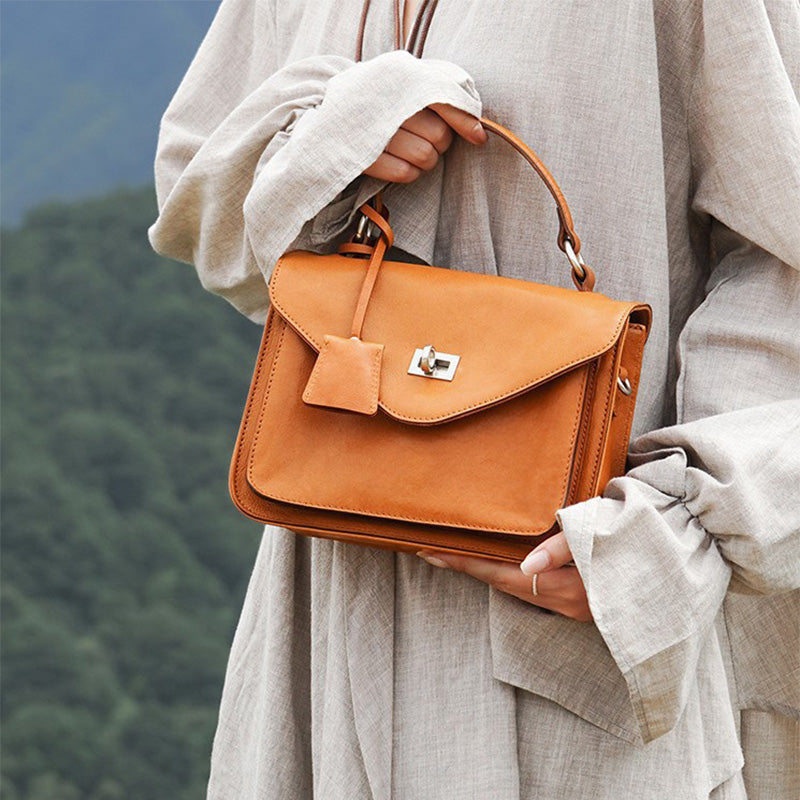Vintage Leather Satchel Bag Vegetable Tanned &amp; Gold-Plated Hardware 3 Colors