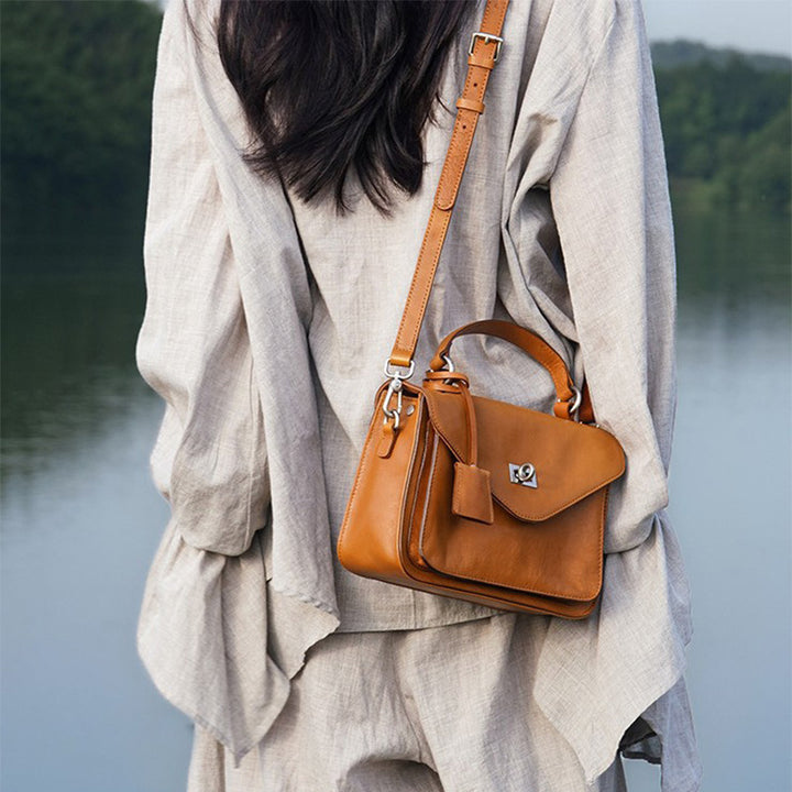 Vintage Leather Satchel Bag Vegetable Tanned &amp; Gold-Plated Hardware 3 Colors